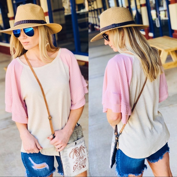 ALL A FLUTTER RUFFLE  SLEEVE WAFFLE KNIT TUNIC - Picture 5 of 7